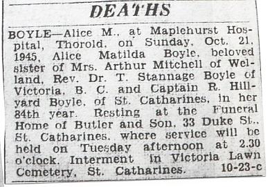 Welland History » Blog Archive » Boyle 1945 alice death